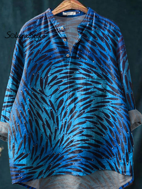 Sardine Fish Swarm Pattern Printed Women’s Casual Long Sleeve Comfortable Cotton Shirt