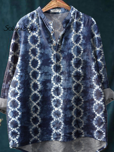 Shibori Indigo Tie Dye Pattern Printed Women’s Casual Long Sleeve Comfortable Cotton Shirt