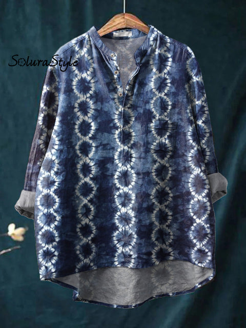 Shibori Indigo Tie Dye Pattern Printed Women’s Casual Long Sleeve Comfortable Cotton Shirt
