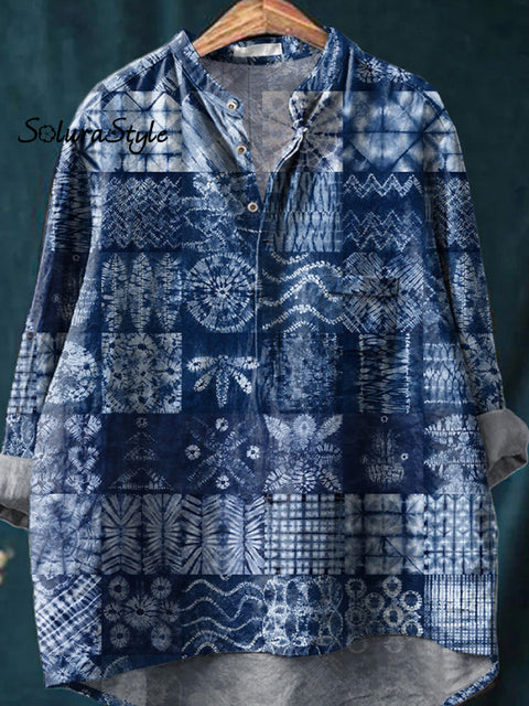 Shibori Patchwork Pattern Printed Women’s Casual Long Sleeve Comfortable Cotton Shirt