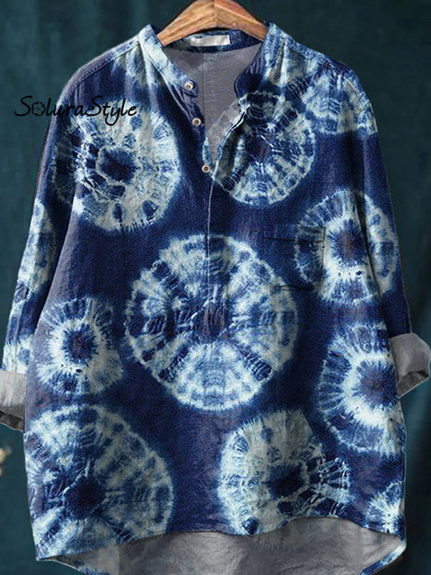 Shibori Tie Dye Pattern Printed Women’s Casual Long Sleeve Comfortable Cotton Shirt