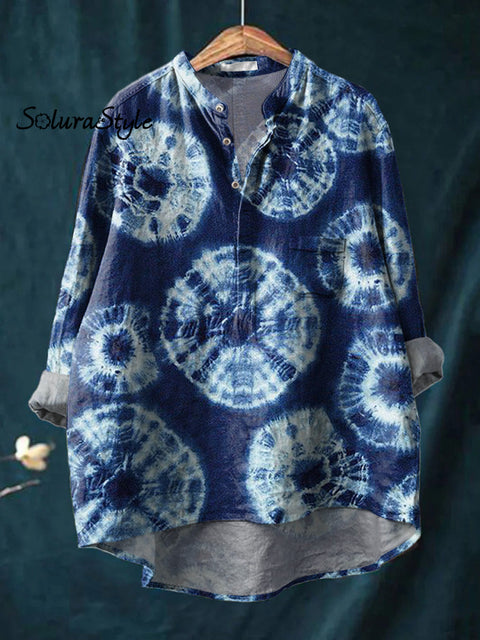Shibori Tie Dye Pattern Printed Women’s Casual Long Sleeve Comfortable Cotton Shirt Multicolor / S