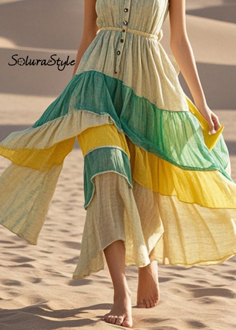 Silm Fit Asymmetrical Design Patchwork Cotton Long Dress Summer 2025-Spring-Summer-Linen