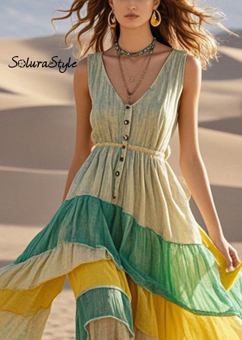 Silm Fit Asymmetrical Design Patchwork Cotton Long Dress Summer 2025-Spring-Summer-Linen