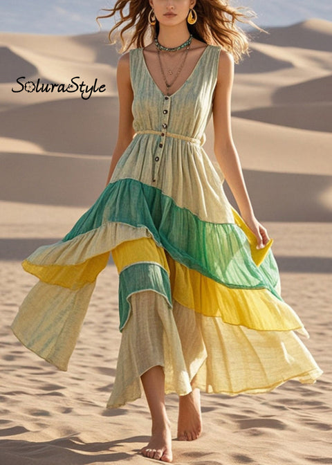 Silm Fit Asymmetrical Design Patchwork Cotton Long Dress Summer 2025-Spring-Summer-Linen