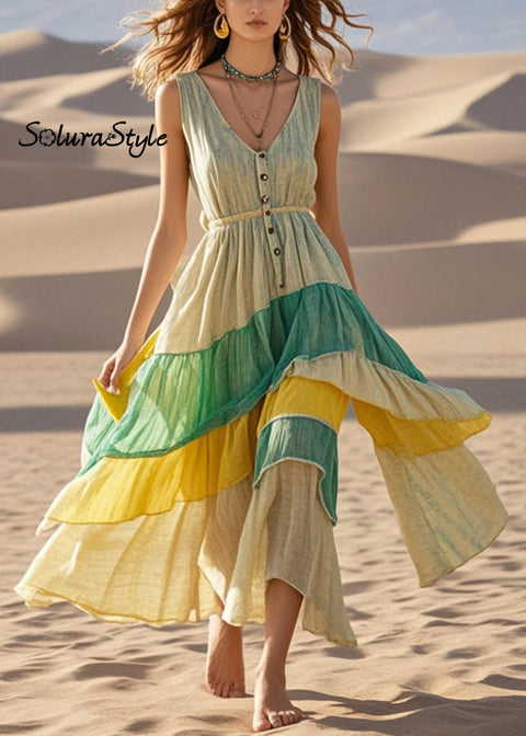 Silm Fit Asymmetrical Design Patchwork Cotton Long Dress Summer 2025-Spring-Summer-Linen