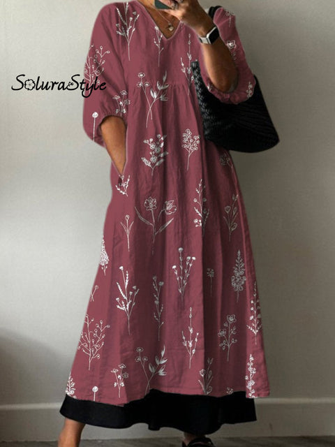 Simple Garden Floral Pattern Printed Women’s Pocket V-Neck Cotton Dress