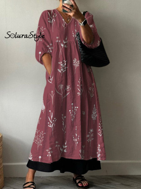 Simple Garden Floral Pattern Printed Women’s Pocket V-Neck Cotton Dress Multicolor / S