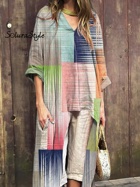 Simple Geometric Pattern Printed Women’s V-Neck Cotton Short Sleeve Dress