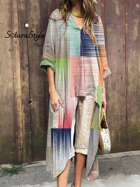 Simple Geometric Pattern Printed Women’s V-Neck Cotton Short Sleeve Dress Multicolor / S