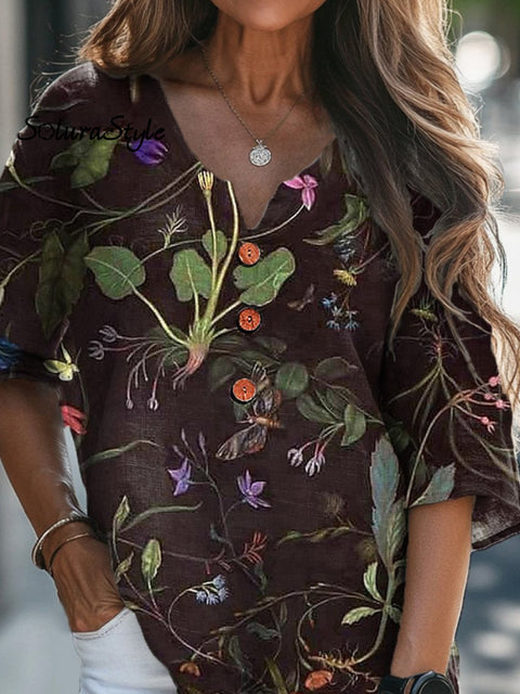 Simple Midnight Floral Pattern Printed Women’s Casual Linen V-Neck Shirt
