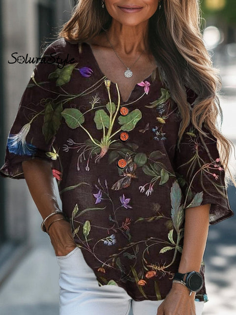 Simple Midnight Floral Pattern Printed Women’s Casual Linen V-Neck Shirt Multicolor / S