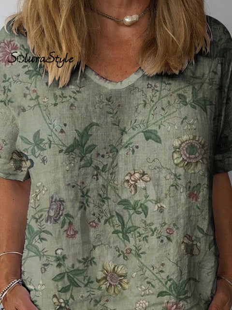 Simple Retro Floral Pattern Printed Women’s Casual Cotton And Linen Shirt