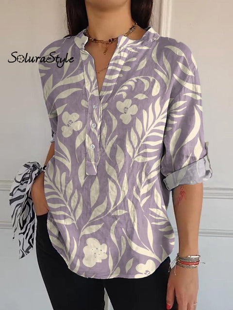 Simple Spring Floral Pattern Printed Women’s Casual Long Sleeve Comfortable Cotton Shirt