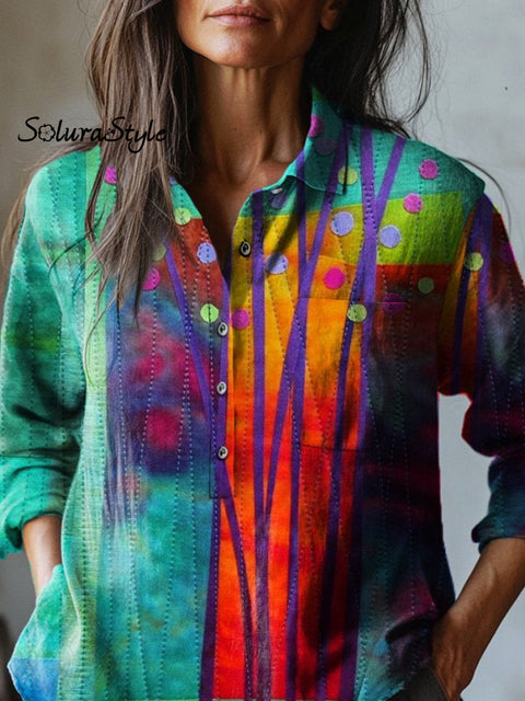 Simple Summer Woodland Quilt Art Printed Women’s Casual Cotton And Linen Shirt