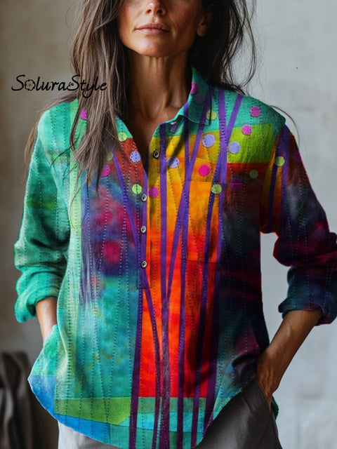 Simple Summer Woodland Quilt Art Printed Women’s Casual Cotton And Linen Shirt Multicolor / S