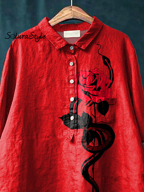 Snake And Rose Art Printed Women’s Casual Cotton Linen Shirt