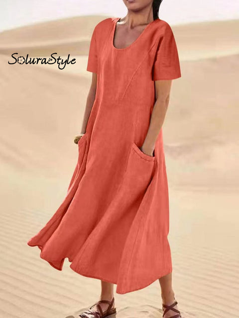 Solid Cotton Linen Pocket Short Sleeve Round Neck Dress Orange / S