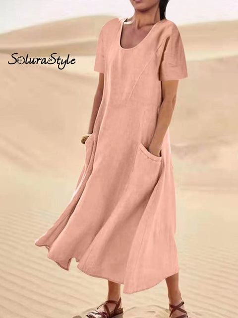Solid Cotton Linen Pocket Short Sleeve Round Neck Dress Pink / S