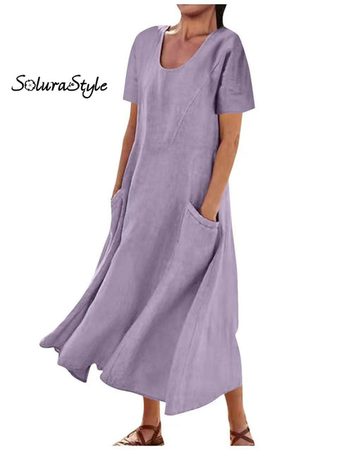 Solid Cotton Linen Pocket Short Sleeve Round Neck Dress Purple / S