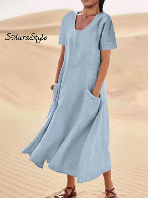Solid Cotton Linen Pocket Short Sleeve Round Neck Dress Sky Blue / S