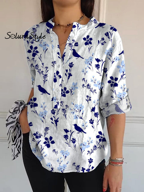 Spring Bird And Floral Pattern Printed Women’s Casual Long Sleeve Comfortable Cotton Shirt