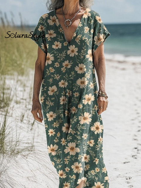 Spring Daisy Pattern Printed Women’s Pocket Cotton Dress