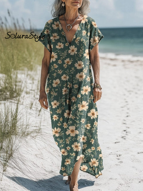 Spring Daisy Pattern Printed Women’s Pocket Cotton Dress Multicolor / S