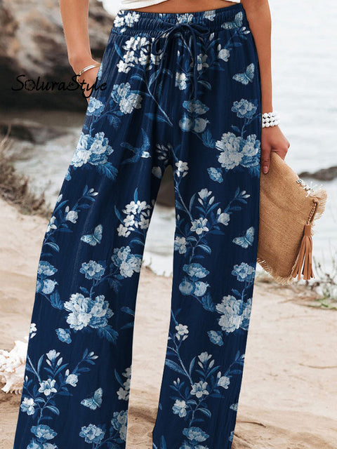 Spring Floral And Swallow Pattern Printed Women’s Cotton Linen Casual Pants