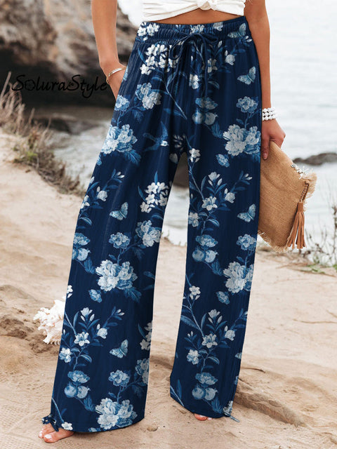 Spring Floral And Swallow Pattern Printed Women’s Cotton Linen Casual Pants Multicolor / S