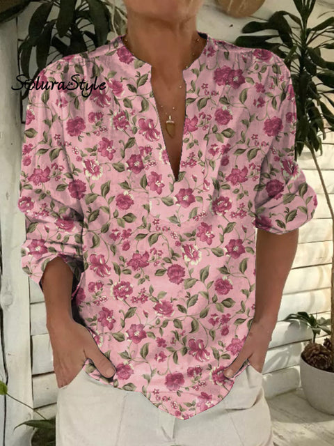 Spring Floral And Vine Pattern Printed Women’s Casual Short Sleeve Comfortable Cotton Shirt Multicolor / S