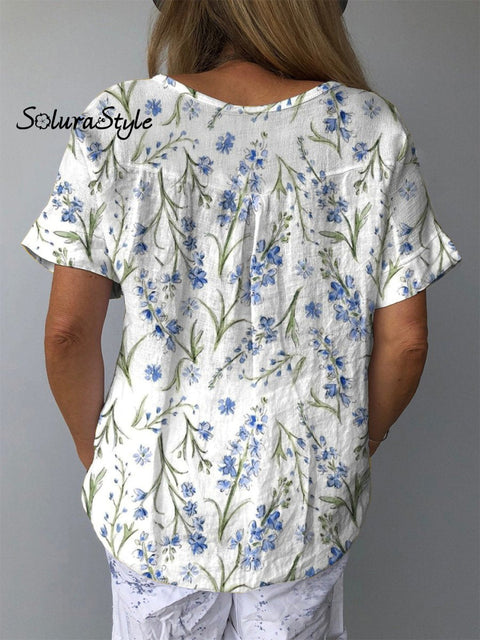 Spring Lavender Floral Pattern Printed Women’s Casual Cotton And Linen Shirt