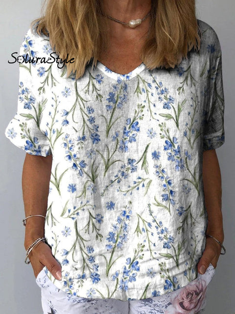 Spring Lavender Floral Pattern Printed Women’s Casual Cotton And Linen Shirt Multicolor / S