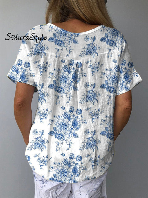 Spring Rose Toile Pattern Printed Women’s Casual Cotton And Linen Shirt