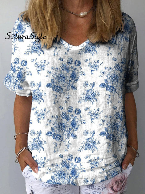 Spring Rose Toile Pattern Printed Women’s Casual Cotton And Linen Shirt Multicolor / S