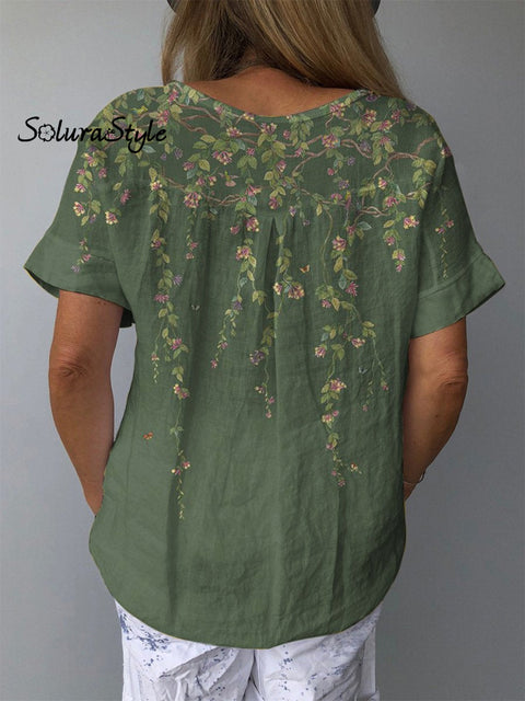 Spring Willow And Butterfly Pattern Printed Women’s Casual Cotton Linen Shirt