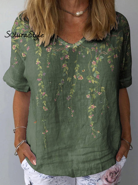 Spring Willow And Butterfly Pattern Printed Women’s Casual Cotton Linen Shirt Multicolor / S