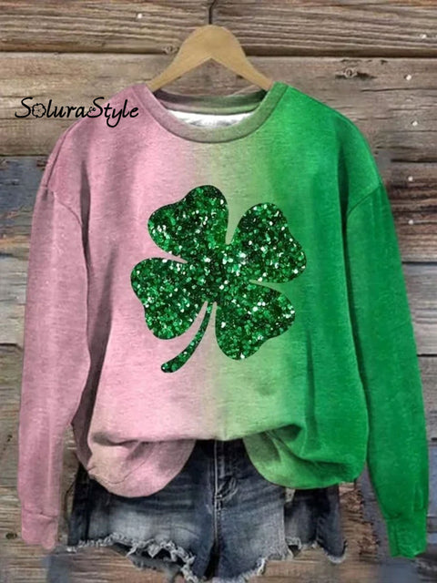 St. Patrick’s Day Retro Gradient Lucky Clover Print Casual Sweatshirt Multicolor / S