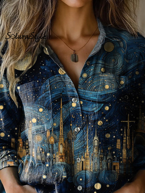 Starry Night In Jerusalem Art Printed Women’s Casual Long Sleeve Comfortable Cotton Shirt