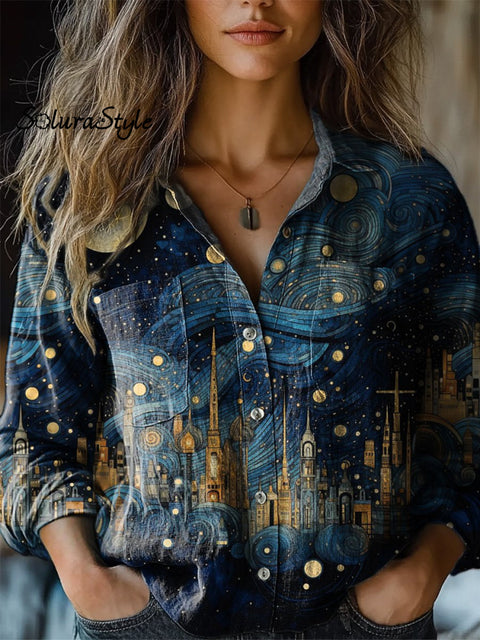 Starry Night In Jerusalem Art Printed Women’s Casual Long Sleeve Comfortable Cotton Shirt