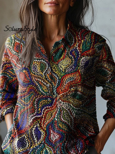 Stitch Texture Pattern Printed Women’s Casual Cotton And Linen Shirt