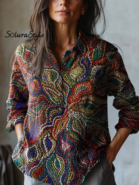 Stitch Texture Pattern Printed Women’s Casual Cotton And Linen Shirt Multicolor / S