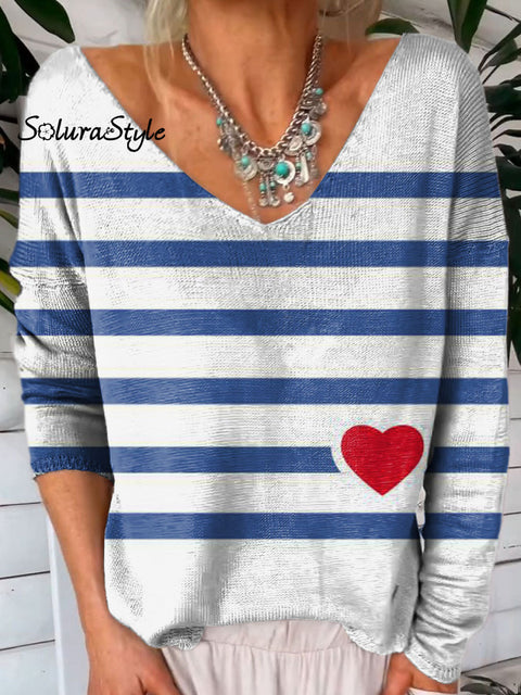 Stripe Love Heart Art Print V-Neck Pullover Knit Top Multicolor / S