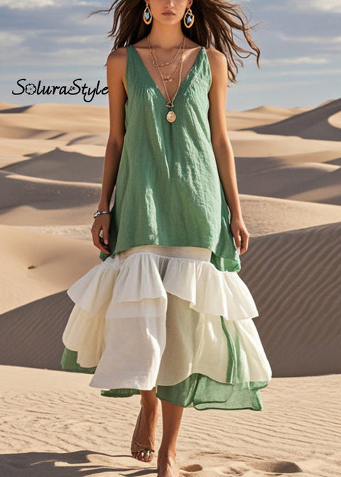 Style Green Ruffled Patchwork Cotton Long Dresses Summer 2025-Spring-Summer-Linen