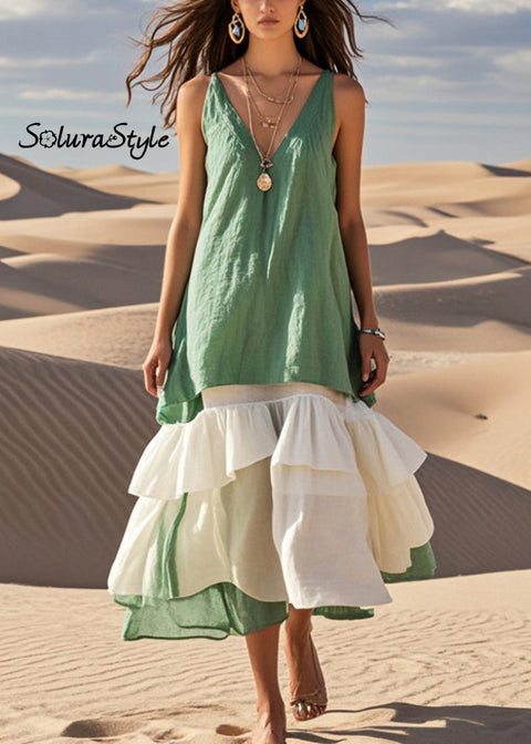 Style Green Ruffled Patchwork Cotton Long Dresses Summer 2025-Spring-Summer-Linen