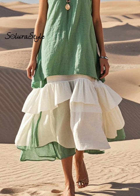 Style Green Ruffled Patchwork Cotton Long Dresses Summer 2025-Spring-Summer-Linen