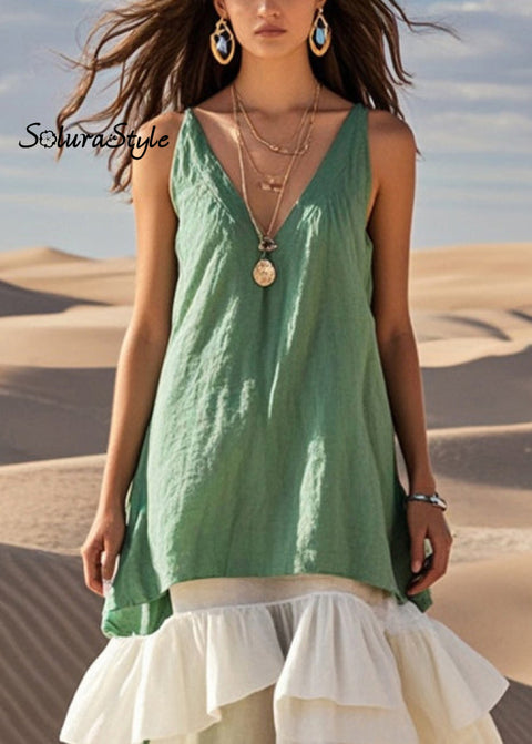 Style Green Ruffled Patchwork Cotton Long Dresses Summer 2025-Spring-Summer-Linen