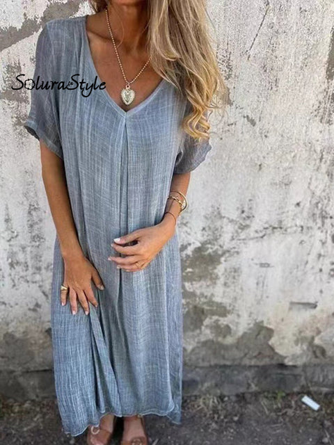Stylish Cotton And Linen V-Neck Dress Grey / Xs