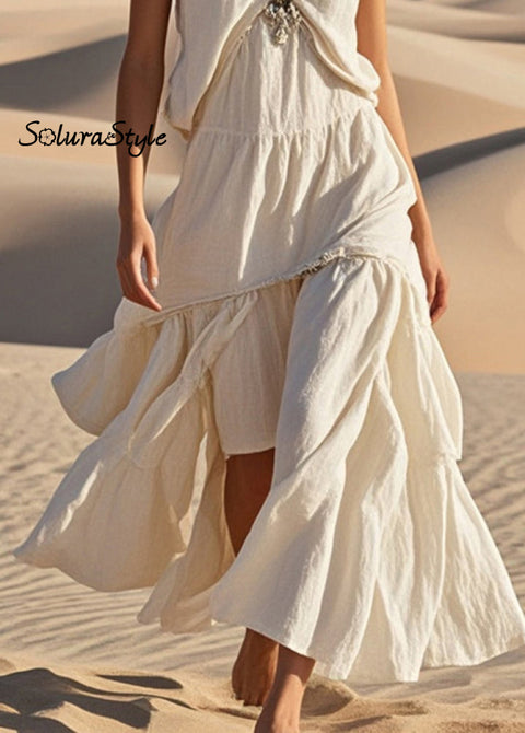 Stylish White Asymmetrical Design Cotton Halter Dress Summer 2025-Spring-Summer-Linen