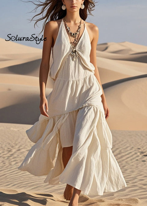 Stylish White Asymmetrical Design Cotton Halter Dress Summer 2025-Spring-Summer-Linen